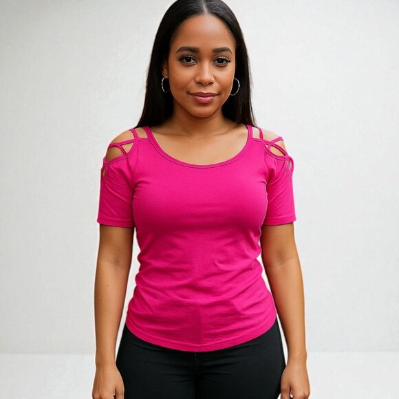 Solid Off Shoulder Top With Strappy Cut Sleeve - Picture 1 of 5